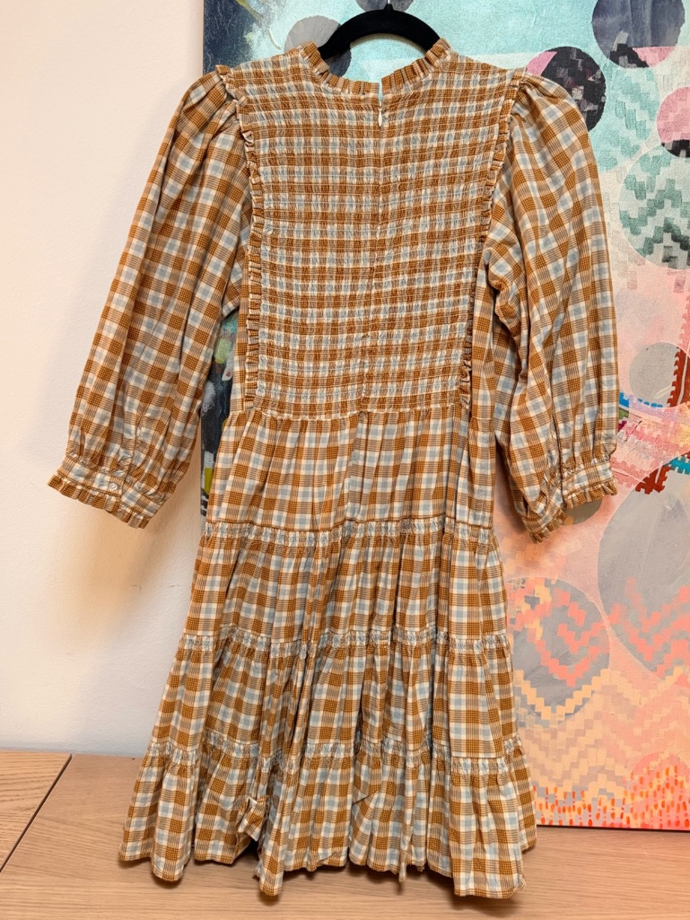 Doen Medina Dress - Gingham tan light blue tiered smocked ruffled size small - Picture 6 of 12